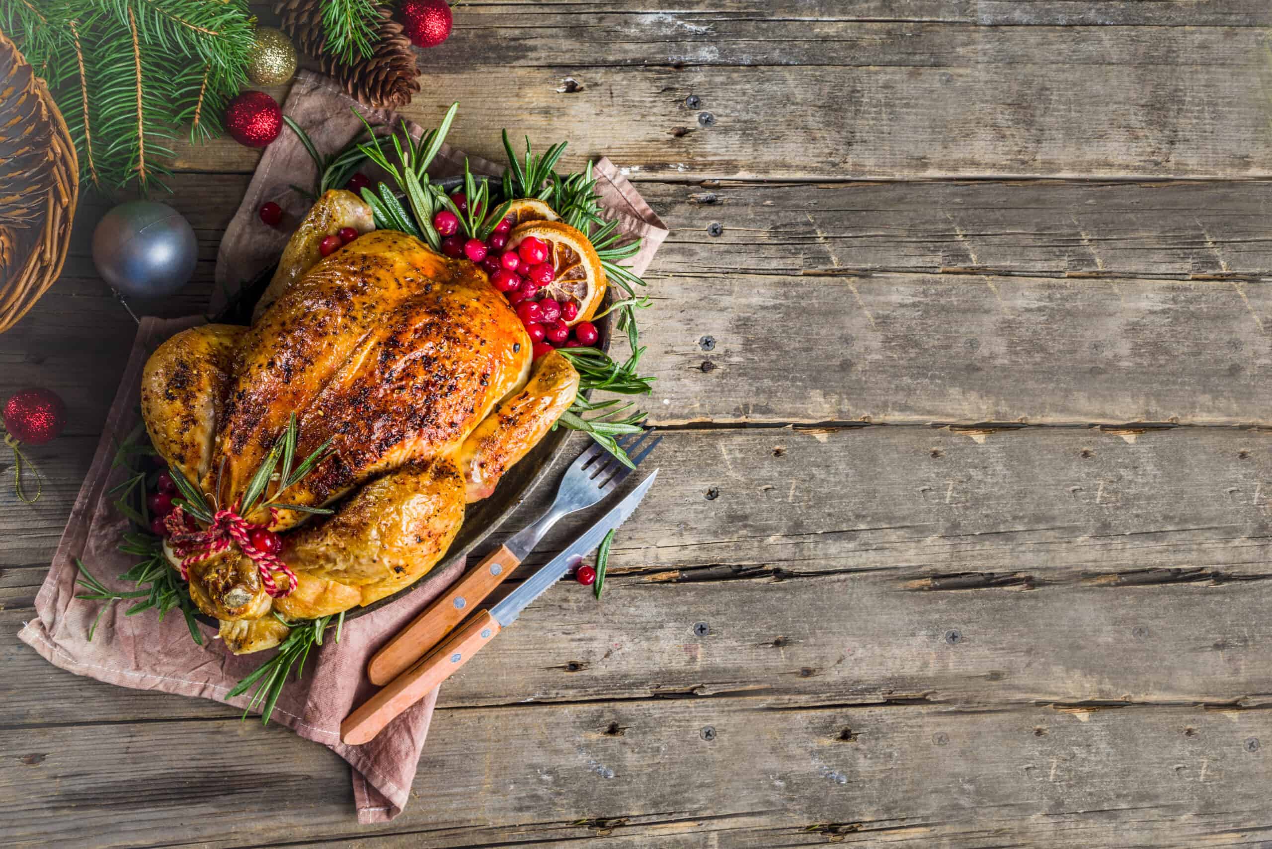 Roasted whole chicken with Christmas decoration